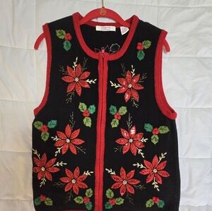 Vtg One Step Up Women's Christmas Poinsettia Holly Zip Vest Red Black Sequins...